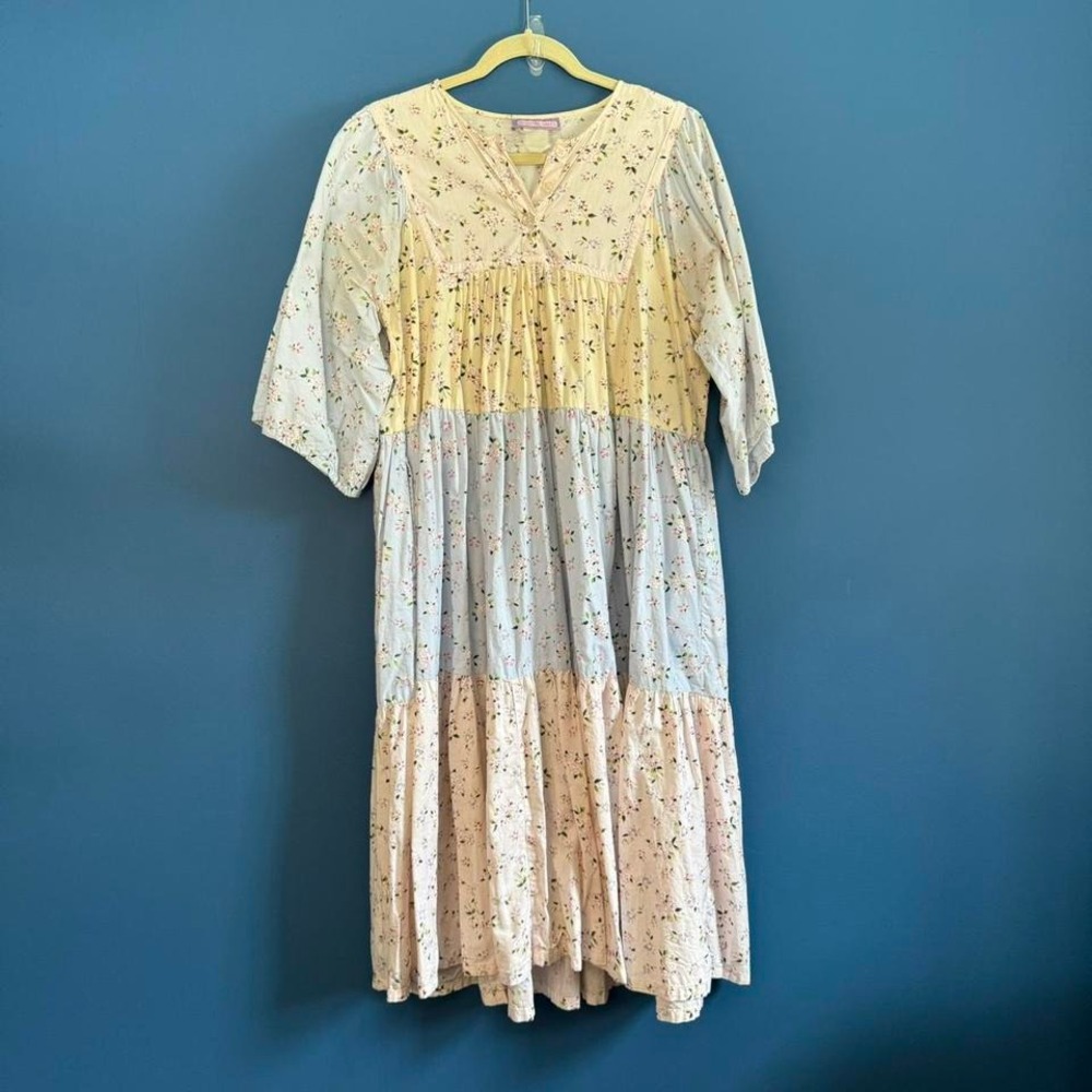 Vintage 90s Tiered Dress Women's Size Medium Pastel Beth Michaels Floral Hippie - Picture 1 of 8
